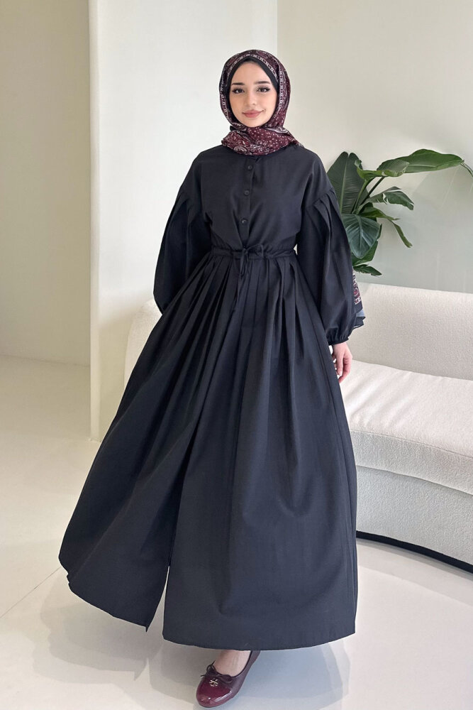 Düğmeli Bel Büzgülü Elbise - Siyah - 1