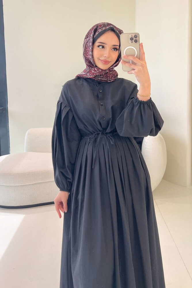 Düğmeli Bel Büzgülü Elbise - Siyah - LİNE (2)