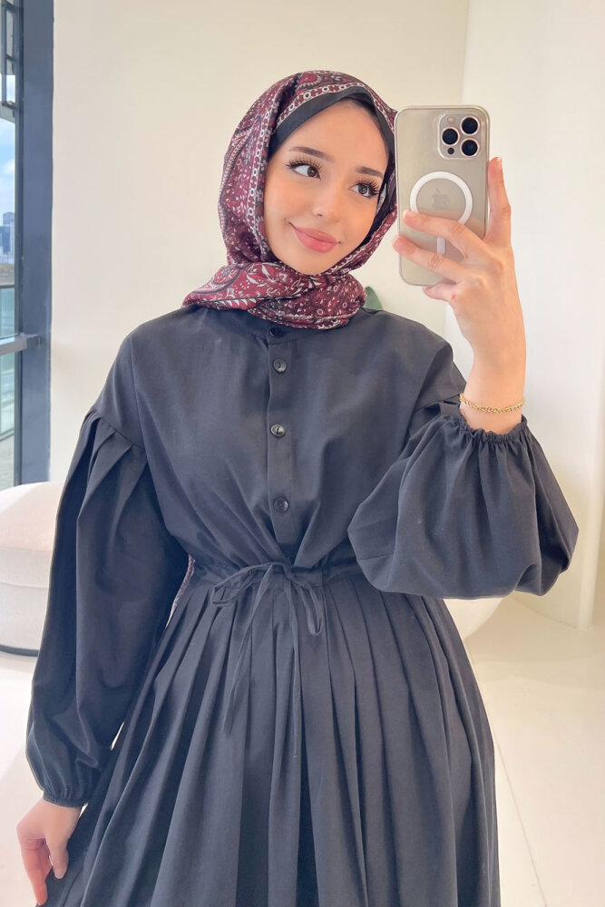 Düğmeli Bel Büzgülü Elbise - Siyah - 9