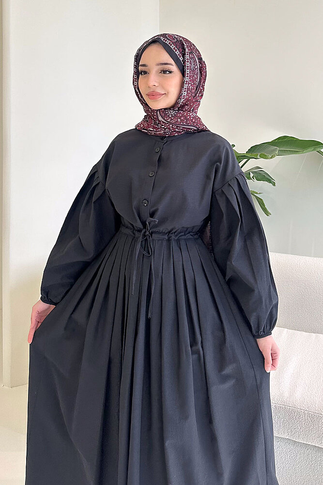 Düğmeli Bel Büzgülü Elbise - Siyah - LİNE (2)