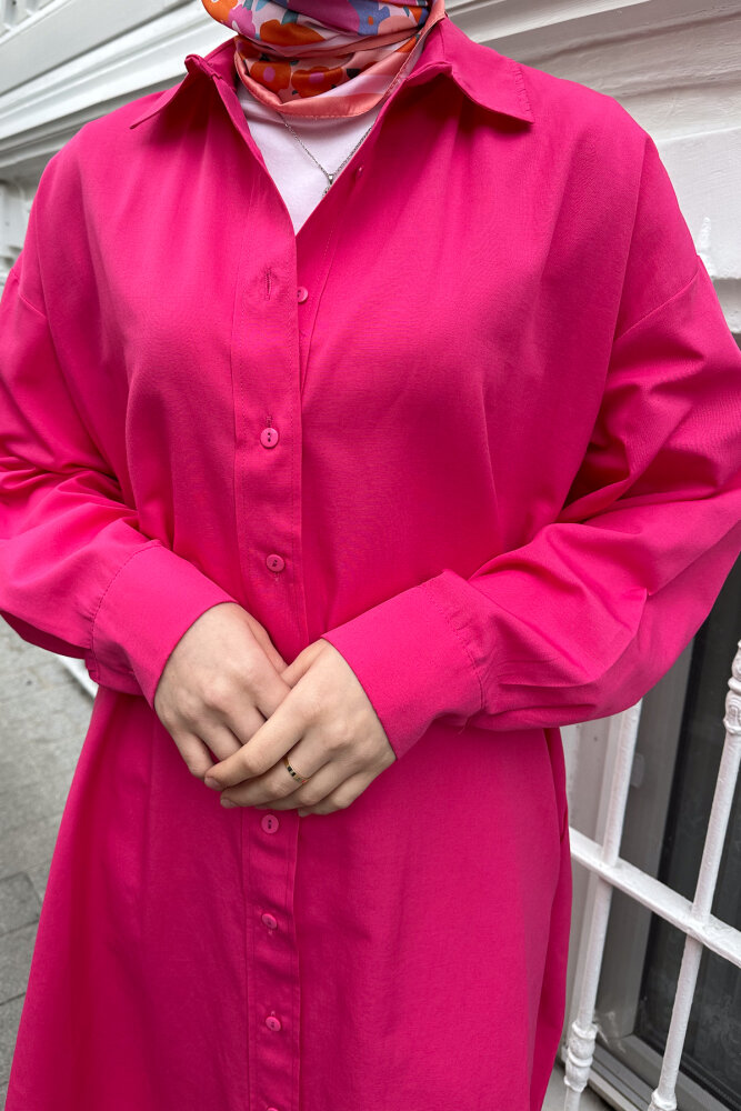Düşük Kol Uzun Basic Gömlek - Fuşya - 3