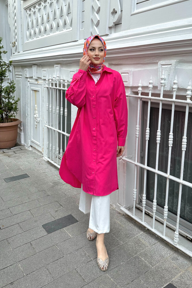 Düşük Kol Uzun Basic Gömlek - Fuşya 