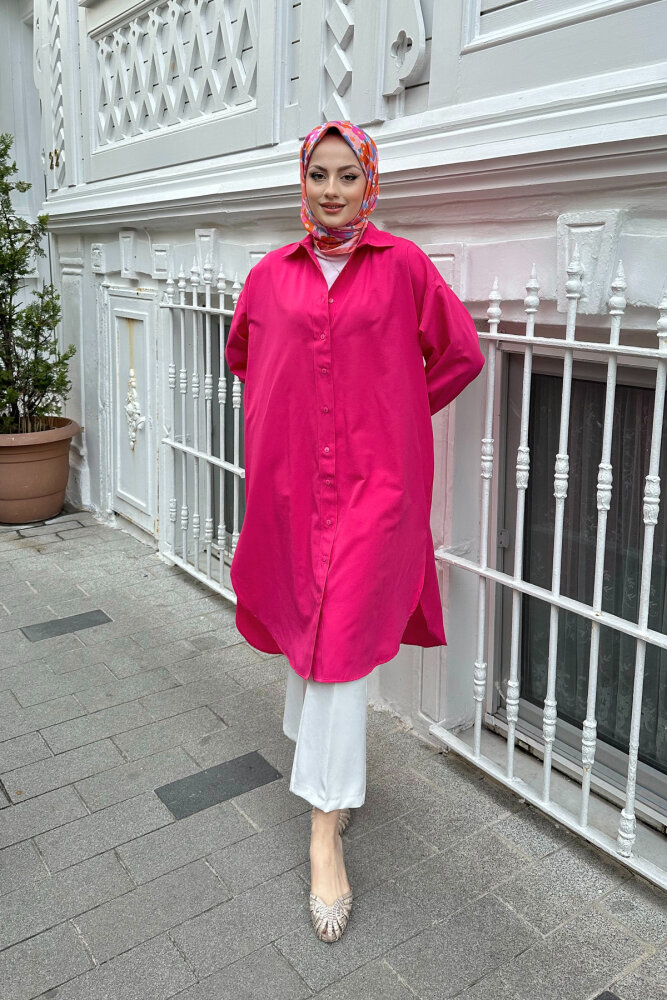 Düşük Kol Uzun Basic Gömlek - Fuşya - 2