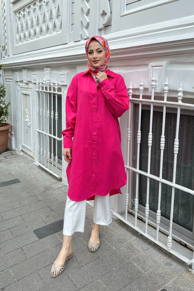 Düşük Kol Uzun Basic Gömlek - Fuşya - HENZA (4)