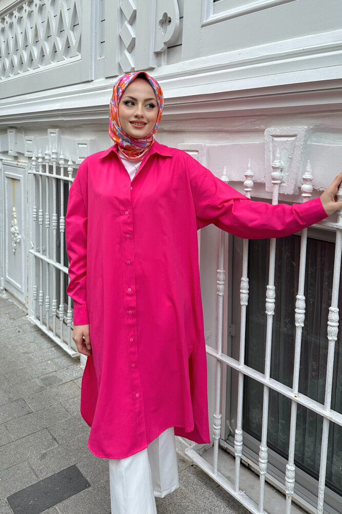 Düşük Kol Uzun Basic Gömlek - Fuşya - 4