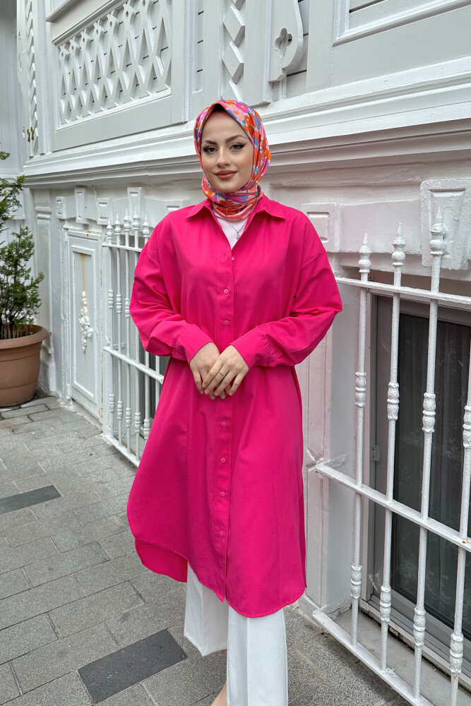 Düşük Kol Uzun Basic Gömlek - Fuşya - 6