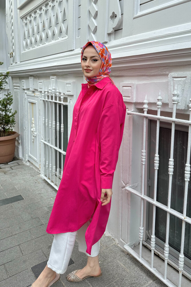 Düşük Kol Uzun Basic Gömlek - Fuşya - 7