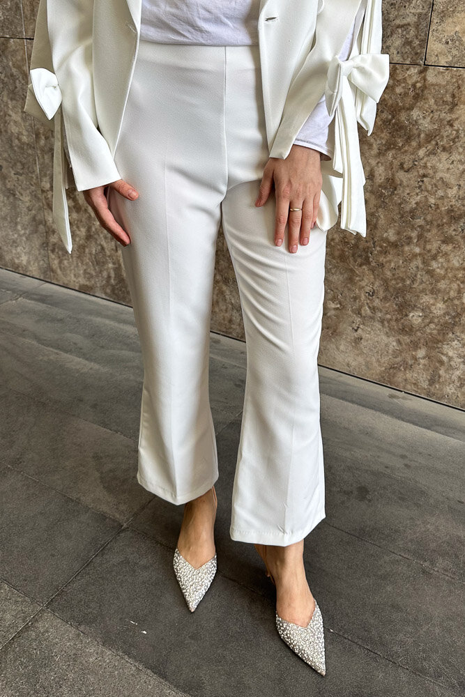 Düz Kesim Kumaş Pantolon - Ekru - HENZA (2)