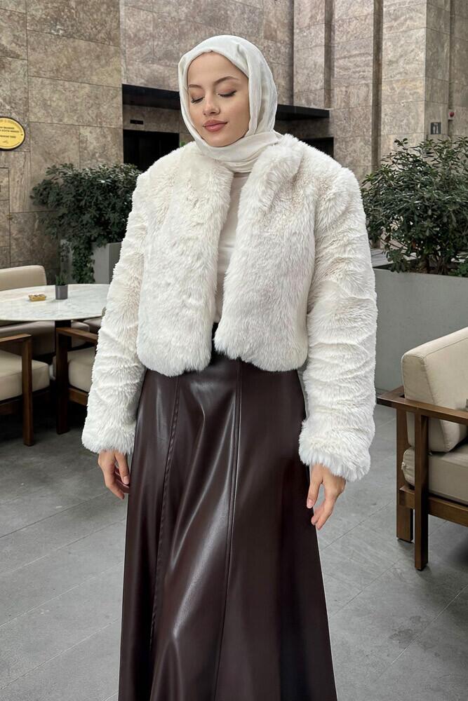 Düz Kısa Kürk Mont - Ekru - HENZA (3)