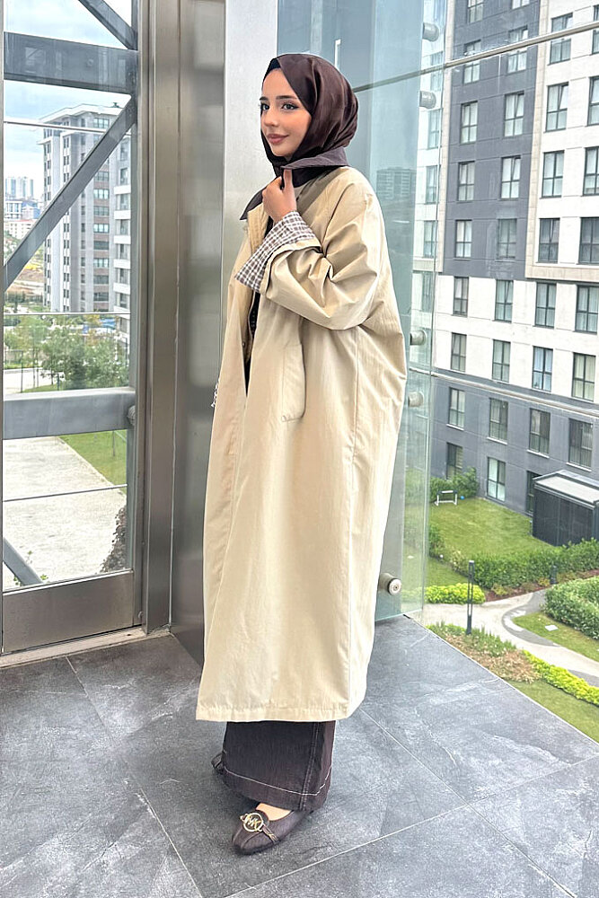 Ekose Astarlı Desenli Kemerli Trençkot - Bej - 7