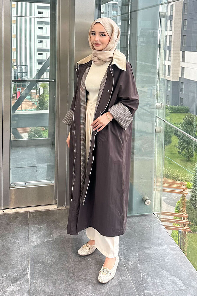 Ekose Astarlı Desenli Kemerli Trençkot - Kahverengi - 1