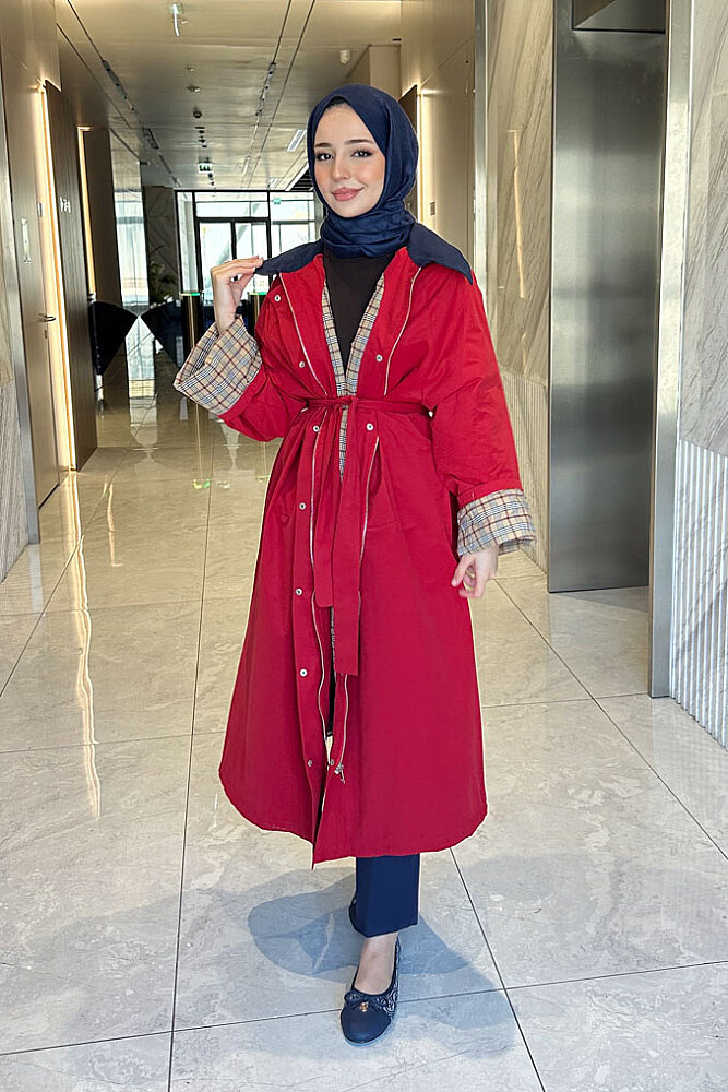 Ekose Astarlı Desenli Kemerli Trençkot - Kırmızı - ENMA (5)