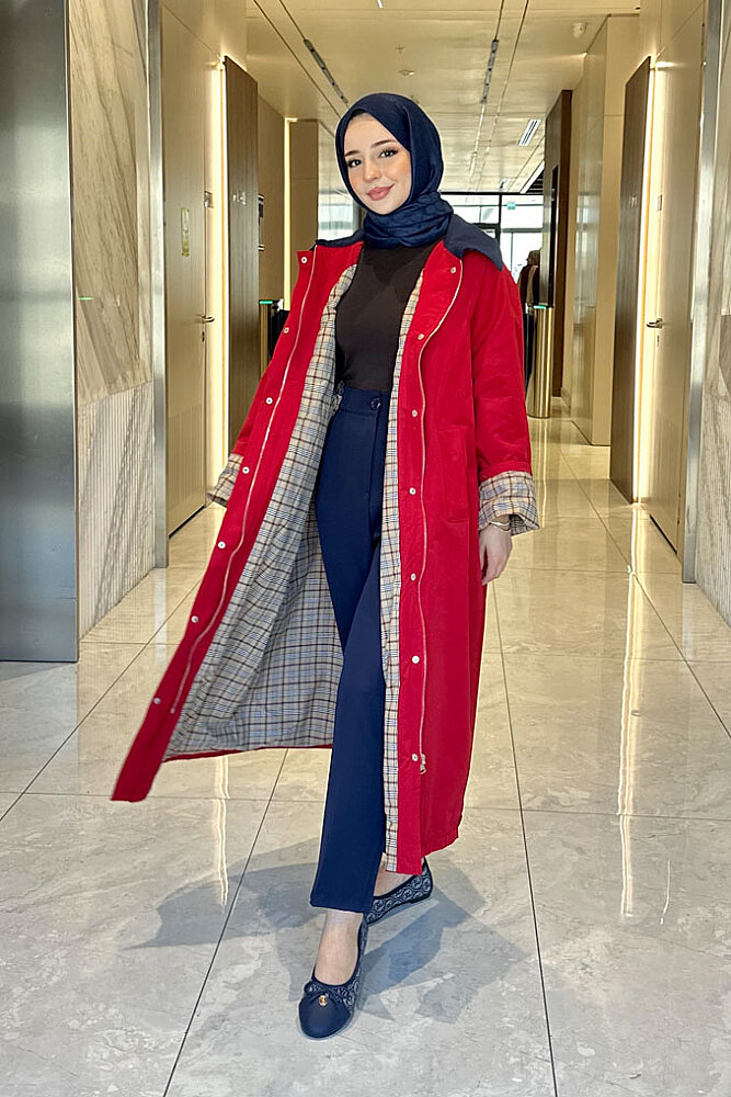 Ekose Astarlı Desenli Kemerli Trençkot - Kırmızı - 1