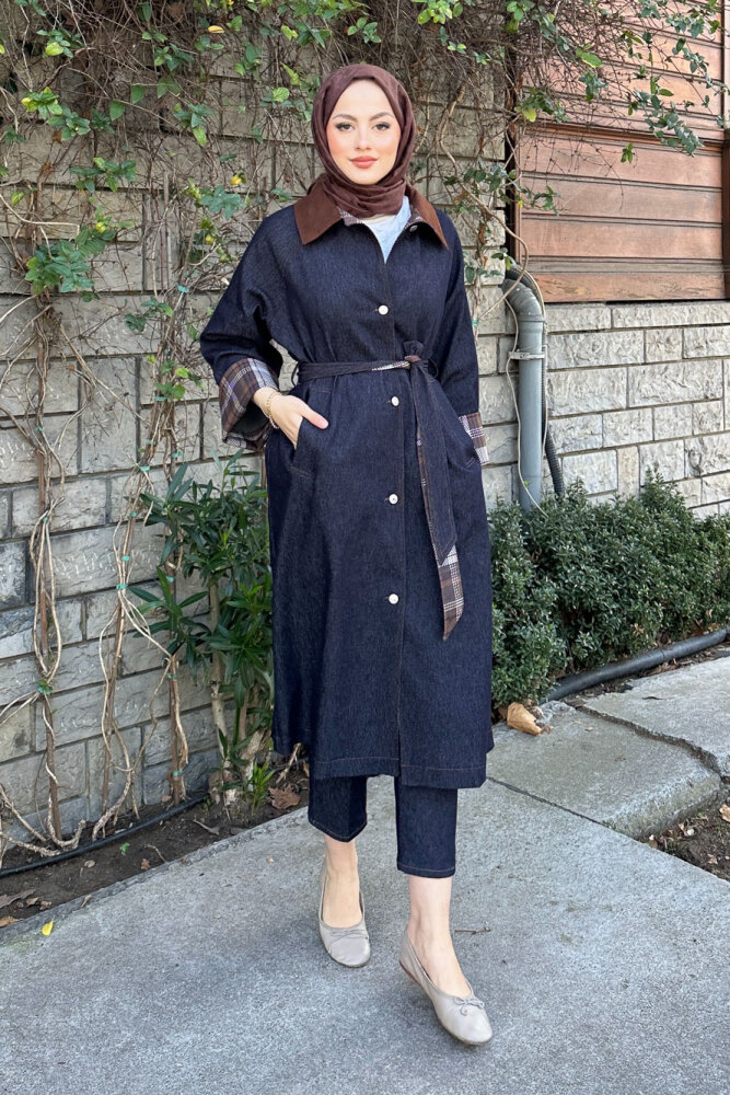 Ekose Detaylı Kemerli Trençkot - Lacivert - PUANE (3)
