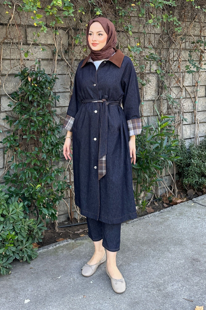 Ekose Detaylı Kemerli Trençkot - Lacivert - 1