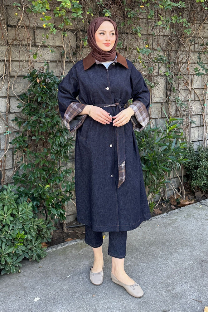 Ekose Detaylı Kemerli Trençkot - Lacivert - 6