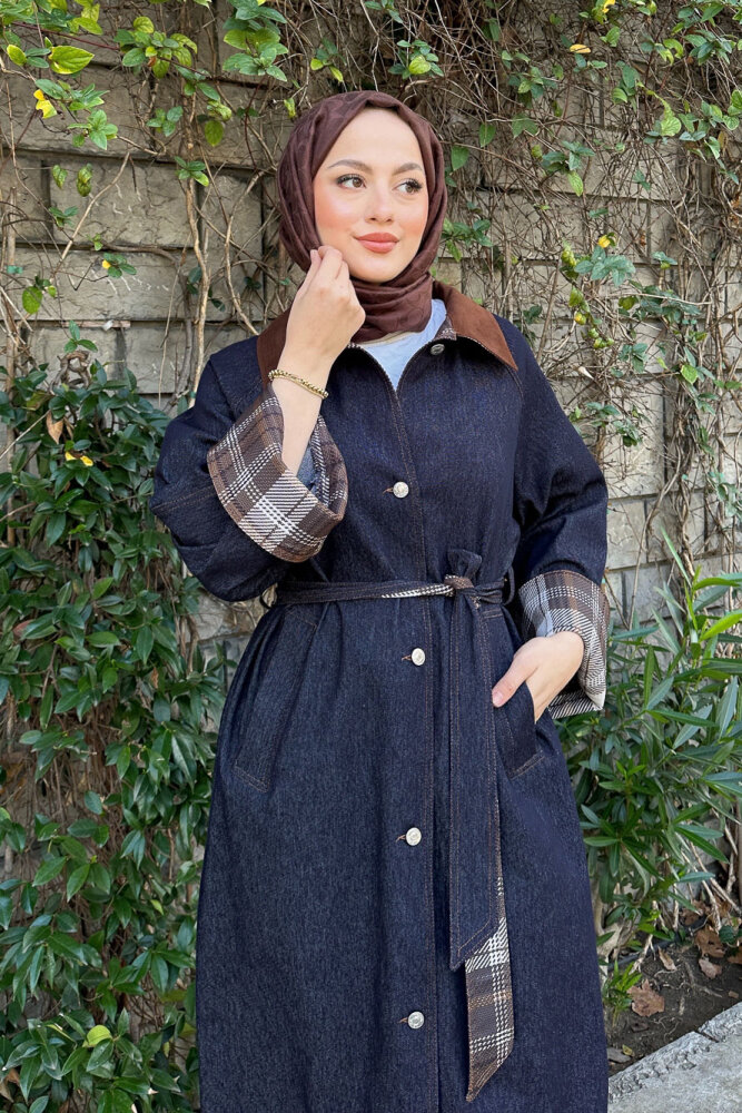 Ekose Detaylı Kemerli Trençkot - Lacivert - 3