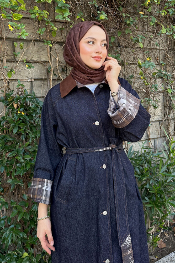 Ekose Detaylı Kemerli Trençkot - Lacivert - PUANE (6)