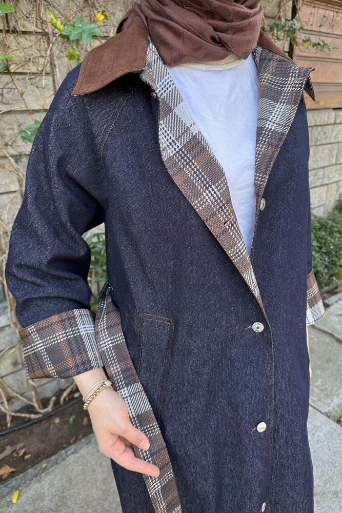 Ekose Detaylı Kemerli Trençkot - Lacivert - PUANE (1)