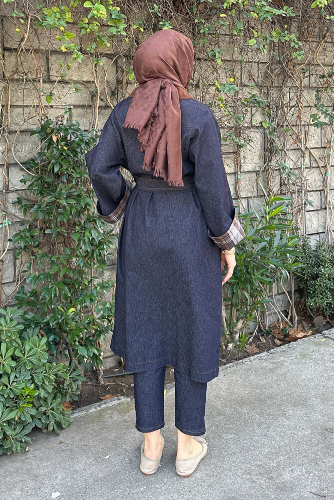 Ekose Detaylı Kemerli Trençkot - Lacivert - 5