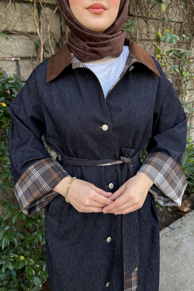 Ekose Detaylı Kemerli Trençkot - Lacivert - 8