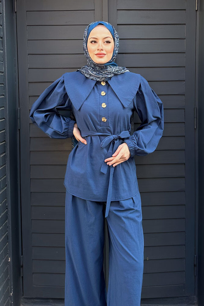 Elana Yaka Detaylı Pantolon Takım - Mavi - LİNE (4)