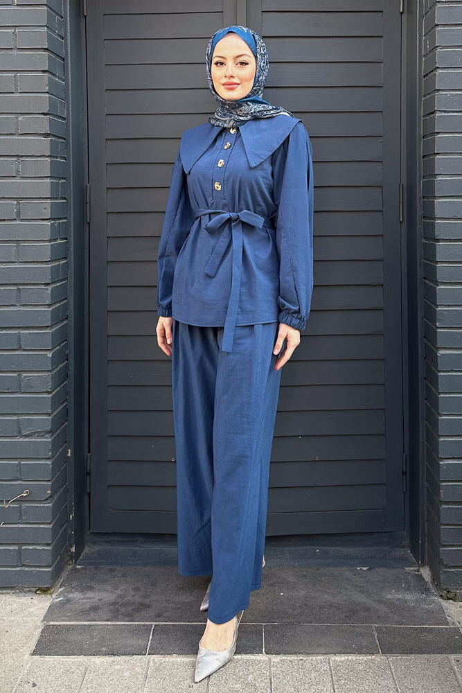 Elana Yaka Detaylı Pantolon Takım - Mavi - LİNE (1)