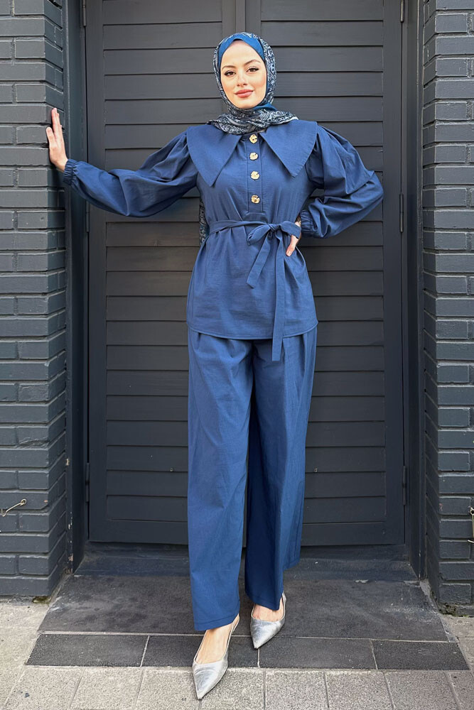 Elana Yaka Detaylı Pantolon Takım - Mavi - LİNE (2)