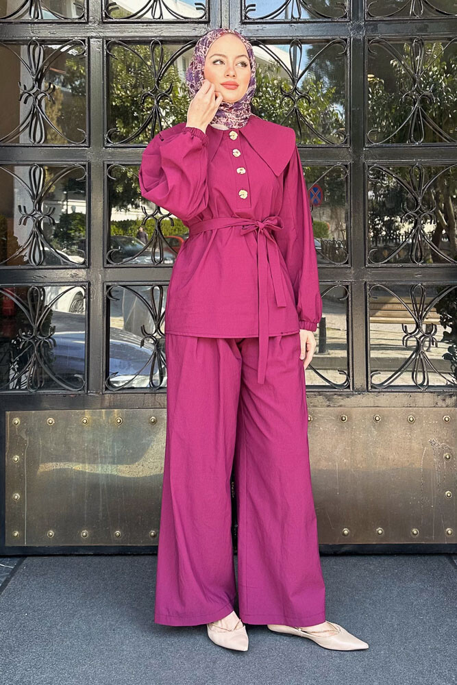 Elana Yaka Detaylı Pantolon Takım - Mürdüm - LİNE (2)