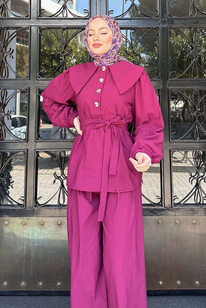 Elana Yaka Detaylı Pantolon Takım - Mürdüm - LİNE (4)