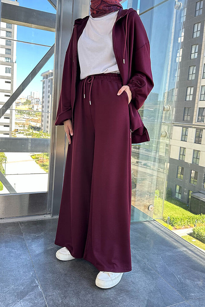 Evan Kapüşonlu Fermuarlı Pantolon Takım - Bordo - 5