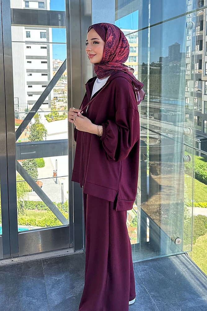 Evan Kapüşonlu Fermuarlı Pantolon Takım - Bordo - 2