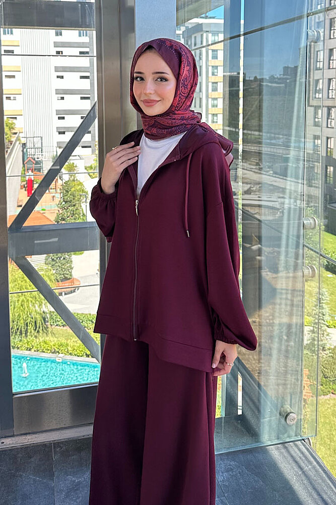 Evan Kapüşonlu Fermuarlı Pantolon Takım - Bordo - ENMA (3)