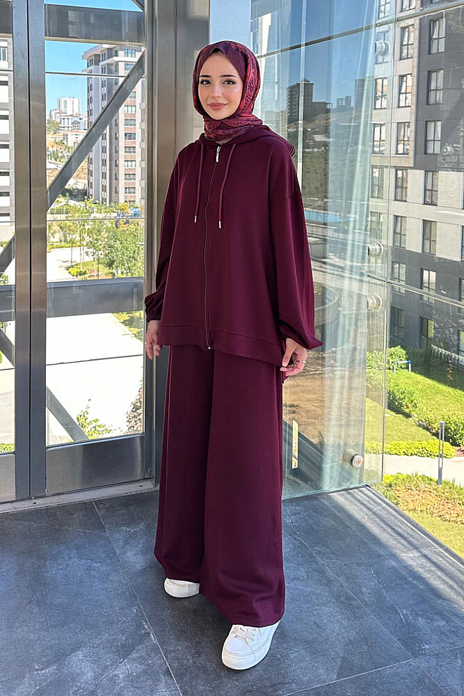Evan Kapüşonlu Fermuarlı Pantolon Takım - Bordo - 1