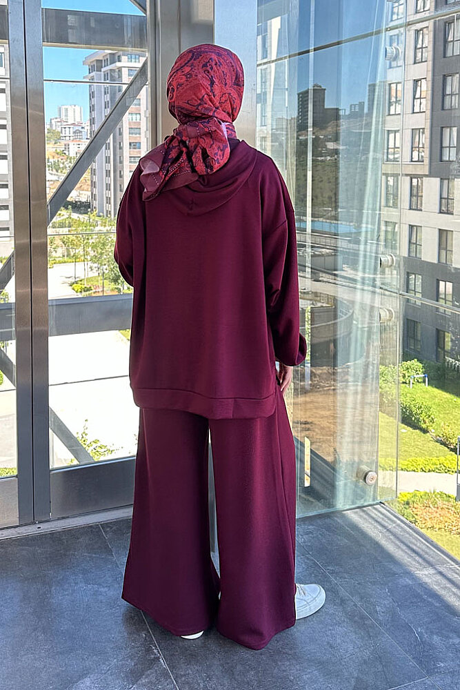 Evan Kapüşonlu Fermuarlı Pantolon Takım - Bordo - 6