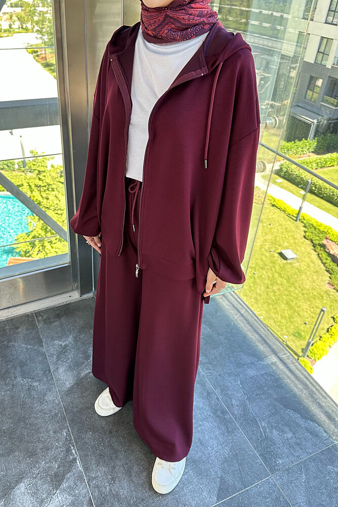 Evan Kapüşonlu Fermuarlı Pantolon Takım - Bordo - 3