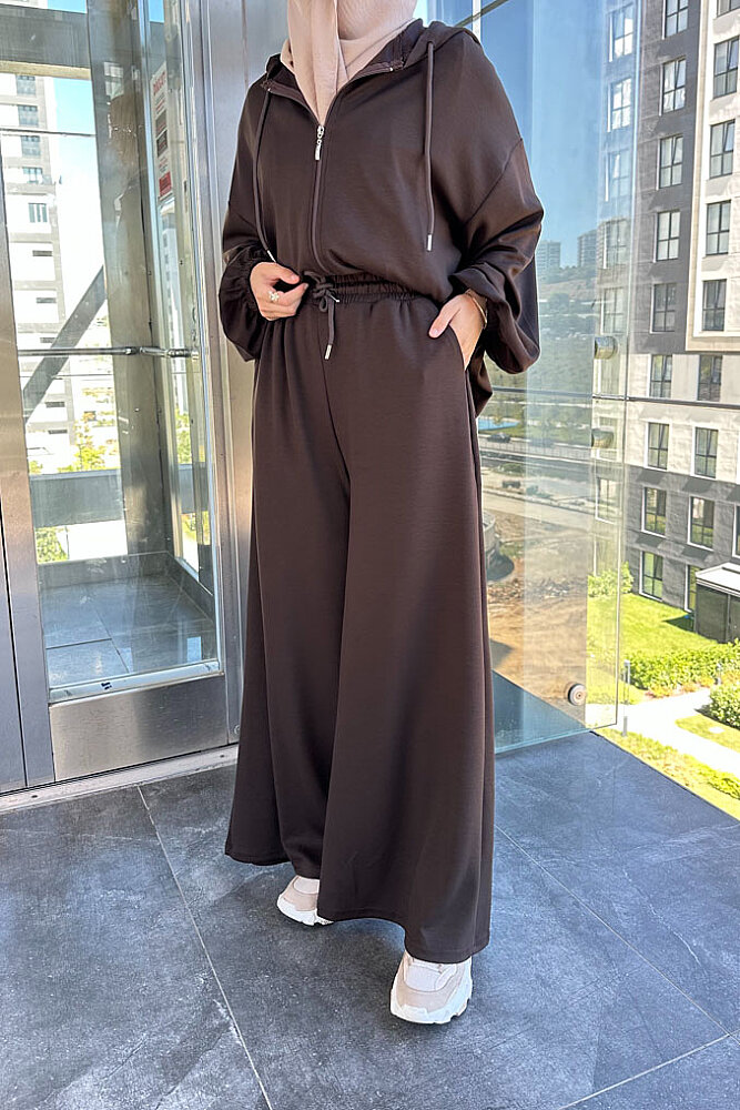 Evan Kapüşonlu Fermuarlı Pantolon Takım - Kahverengi - 7
