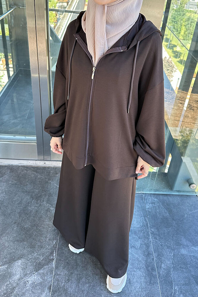 Evan Kapüşonlu Fermuarlı Pantolon Takım - Kahverengi - 4