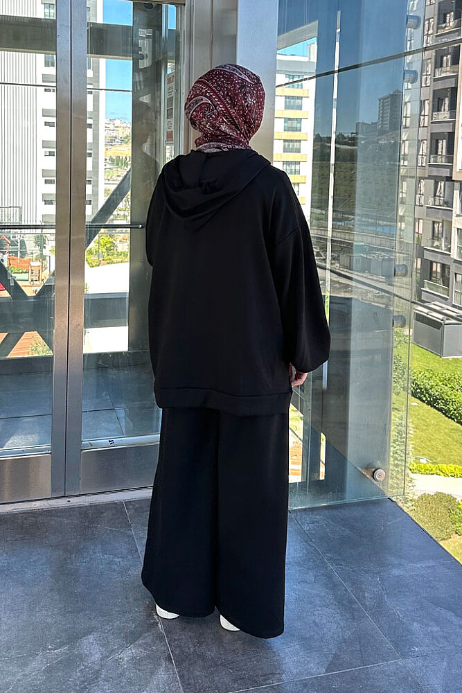 Evan Kapüşonlu Fermuarlı Pantolon Takım - Siyah - 6