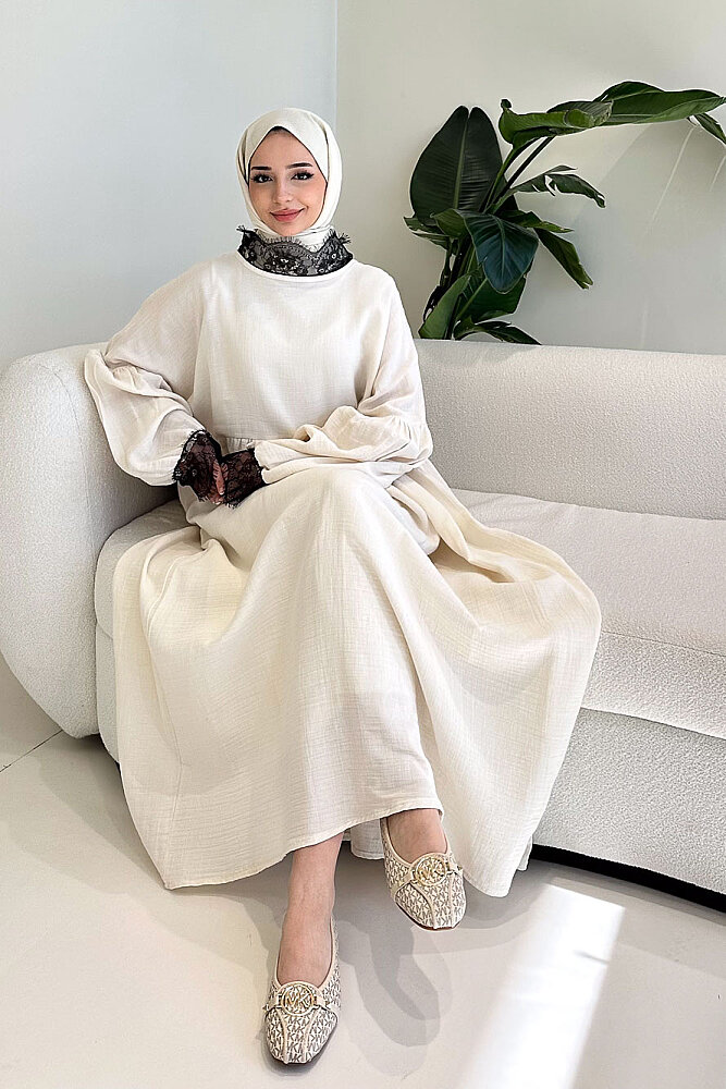 Elaria Dantel Detaylı Müslin Elbise - Bej - 1