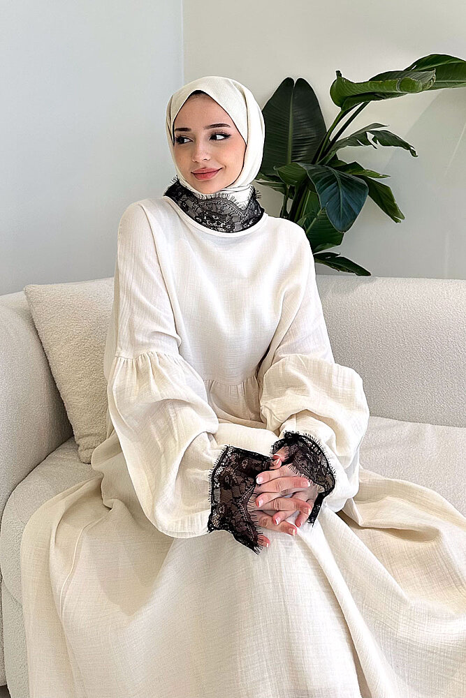 Elaria Dantel Detaylı Müslin Elbise - Bej - 2