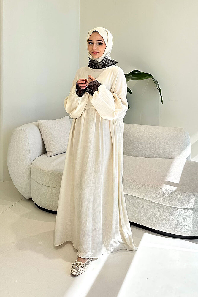 Elaria Dantel Detaylı Müslin Elbise - Bej - 4