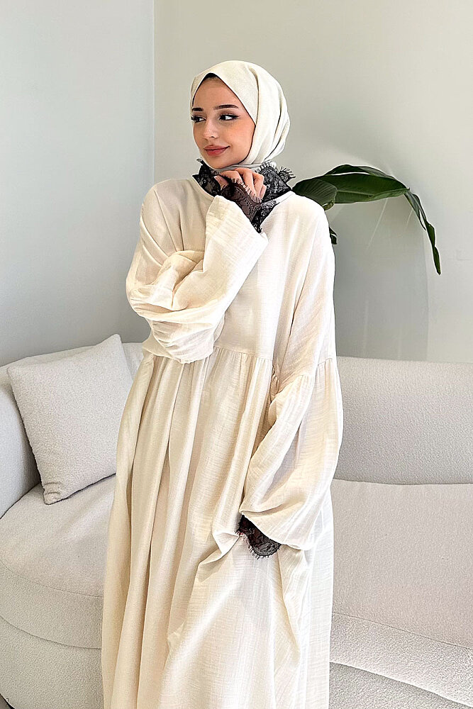 Elaria Dantel Detaylı Müslin Elbise - Bej - 5