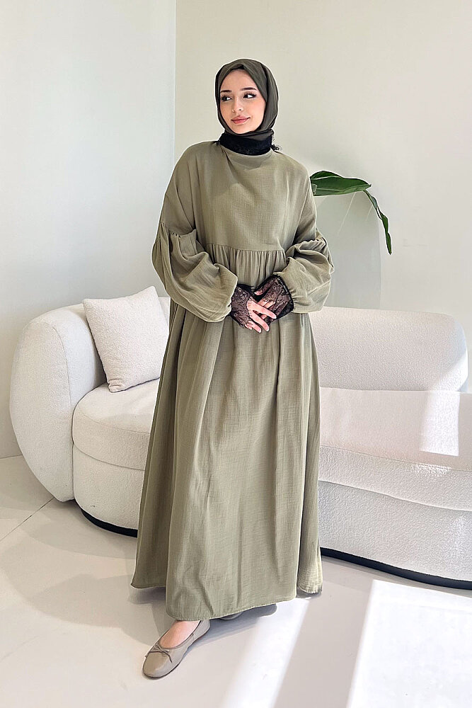 Elaria Dantel Detaylı Müslin Elbise - Haki - ALLMİSS (3)