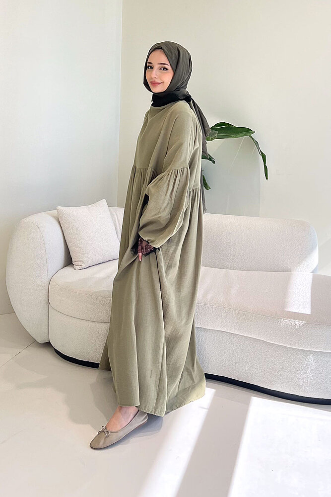 Elaria Dantel Detaylı Müslin Elbise - Haki - ALLMİSS (4)