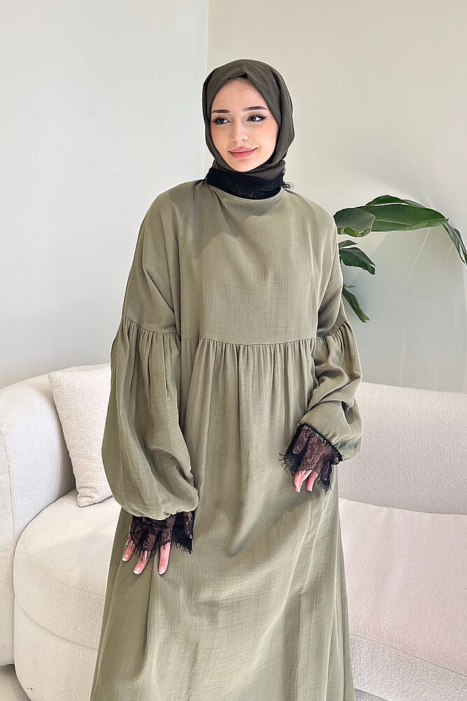 Elaria Dantel Detaylı Müslin Elbise - Haki - ALLMİSS (1)