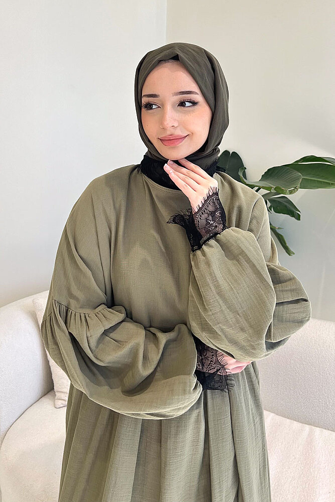 Elaria Dantel Detaylı Müslin Elbise - Haki - ALLMİSS (5)