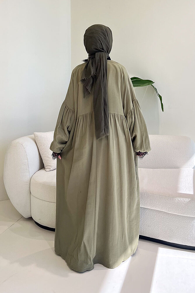 Elaria Dantel Detaylı Müslin Elbise - Haki - 8