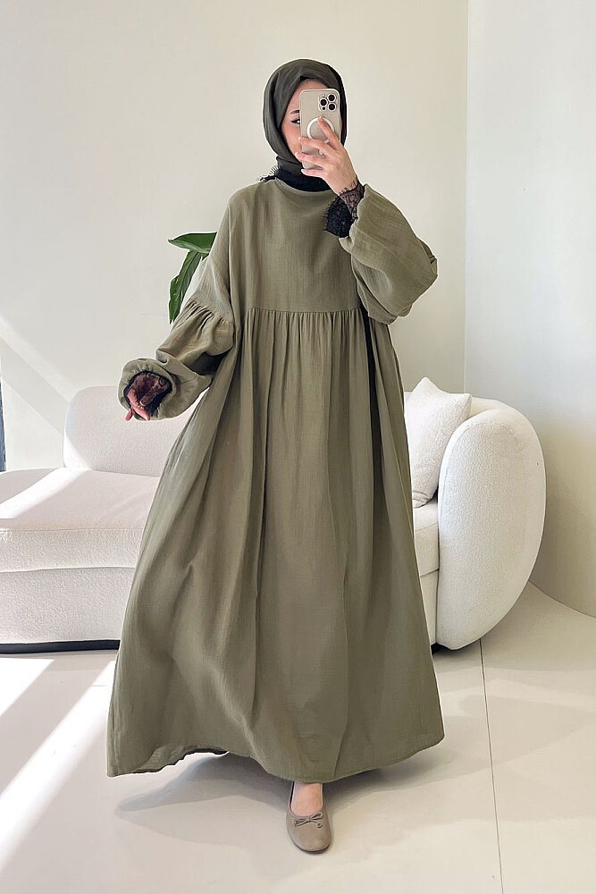 Elaria Dantel Detaylı Müslin Elbise - Haki 