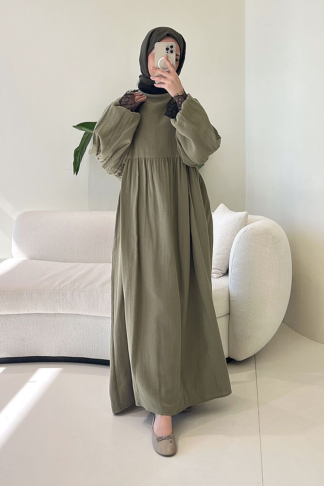 Elaria Dantel Detaylı Müslin Elbise - Haki - 7